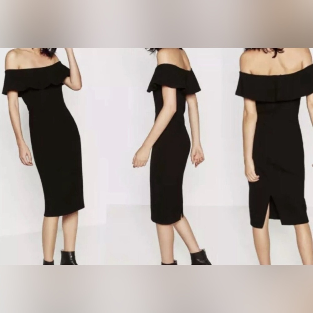 Zara Off Shoulder Classic Midi Cocktail Dress, Black, size M - Picture 4 of 6